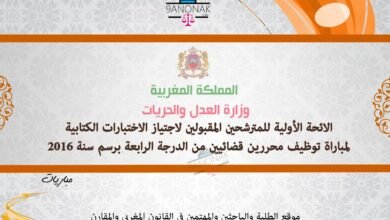 للائحة الأولية للمترشحين المقبولين لاجتياز الاختبارات الكتابية لمباراة توظيف محررين قضائيين من الدرجة الرابعة برسم سنة 2016 للائحة الأولية للمترشحين المقبولين لاجتياز الاختبارات الكتابية لمباراة توظيف محررين قضائيين من الدرجة الرابعة برسم سنة 2016
